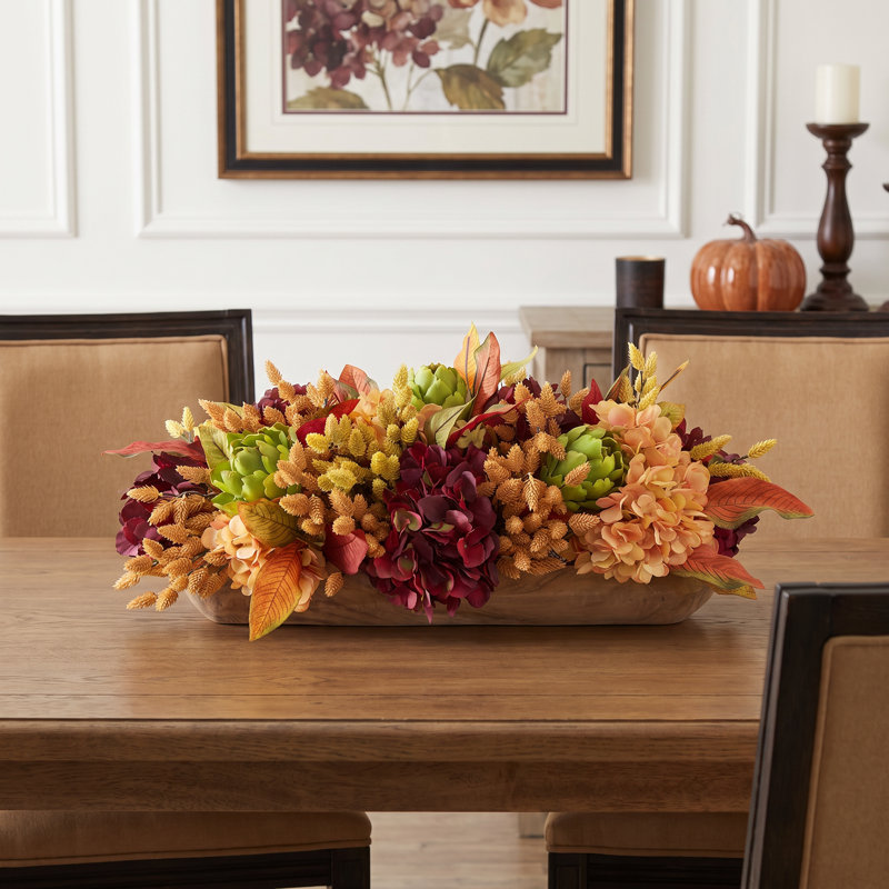 Fall Centerpiece with Hydrangeas, Heather and Pinecones