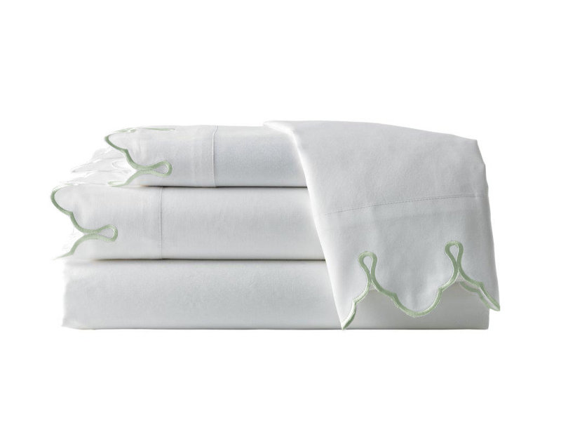 Scalloped 100% Cotton Standard Sheet Set, Queen Sheet Set, White Green