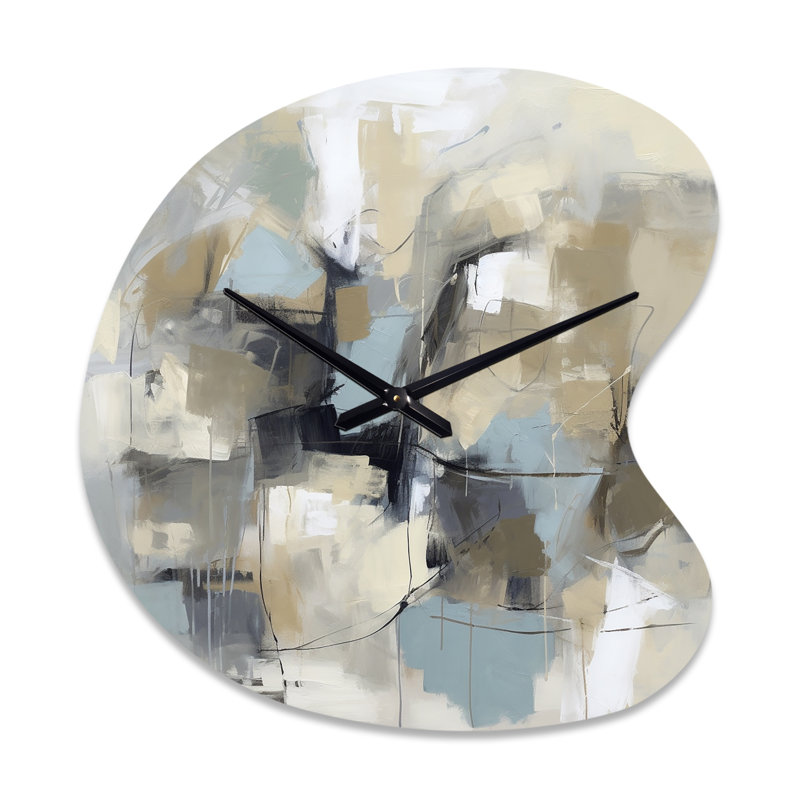 Beige et gris - Créature sans limite I - peinture abstraite en forme d'horloge en métal, horloge murale asymétrique moderne