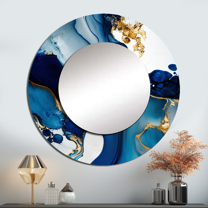 Pangle abstrait marbre géode bleue I - grand miroir mural, miroir mural décoratif rond moderne, impression d'art en métal