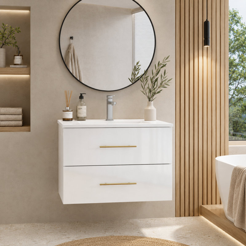 Ensemble de meuble-lavabo mural simple flottant 30 po avec tiroirs à fermeture en douceur et lavabo en céramique intégré, blanc