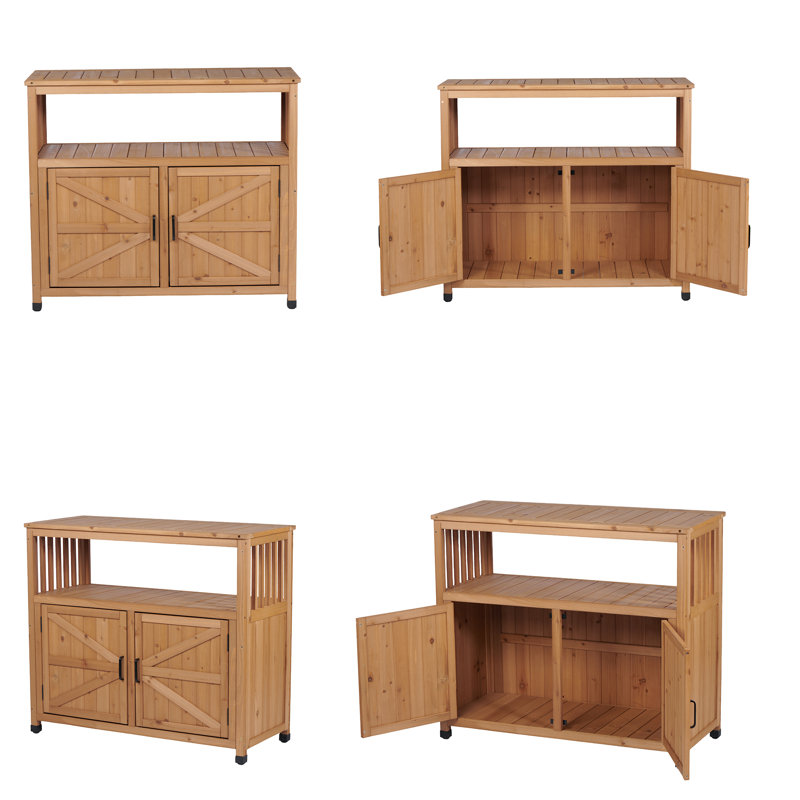 42 Inch Wide Outdoor Bar Table with Storage Cabinet and Fir Wood Buffet Sideboard Light Brown