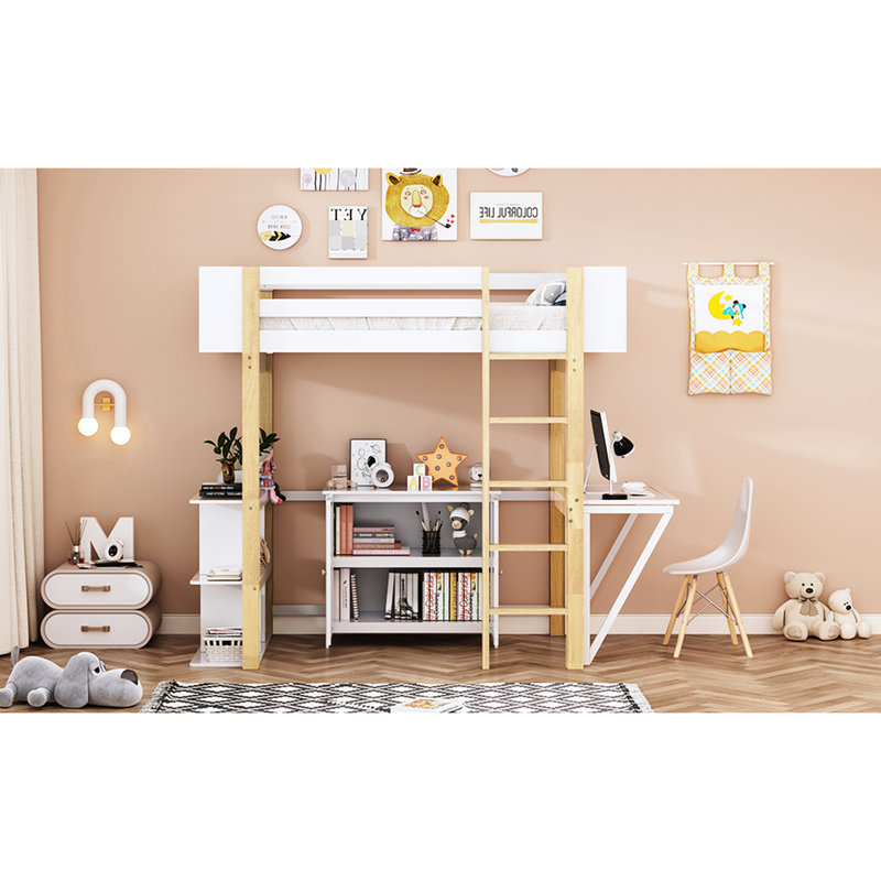 Lit mezzanine simple en blanc avec tiroirs de rangement et bureau d'ordinateur pliable pour une installation à domicile efficace