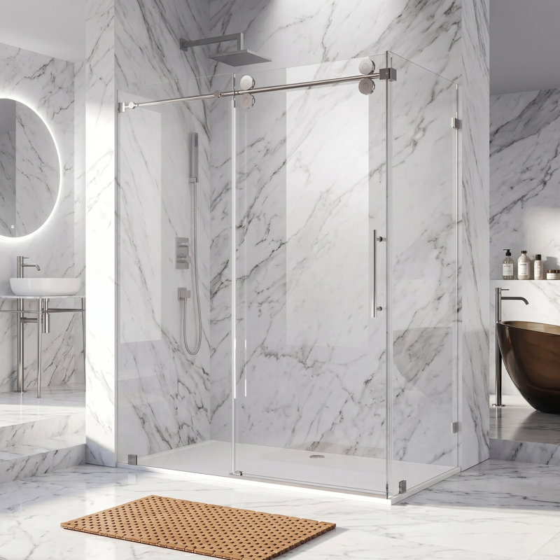 Cabine de douche coulissante sans cadre de l 48 po x P 35 po x H 76 po avec verre transparent chromé de 3/8 po, Chrome