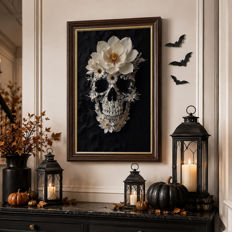 Art mural sur toile, crâne blanc avec magnolias sur fond noir, H 24 po x l 16 po