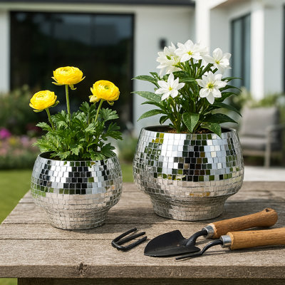 Planters Metal Reflective Mosaic Tile Indoor Outdoor Home Garden Set of 2 - 8", 6" Silver & Metallic