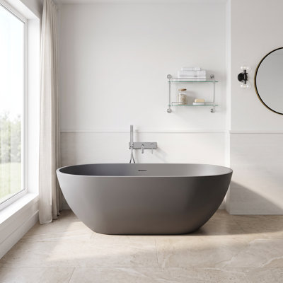 Baignoire autoportante contemporaine en résine d'ingénierie en pierre solide de 63 po x 30 po, fonction de trempage profond avec trop-plein et composants de bonde escamotable, gris mat