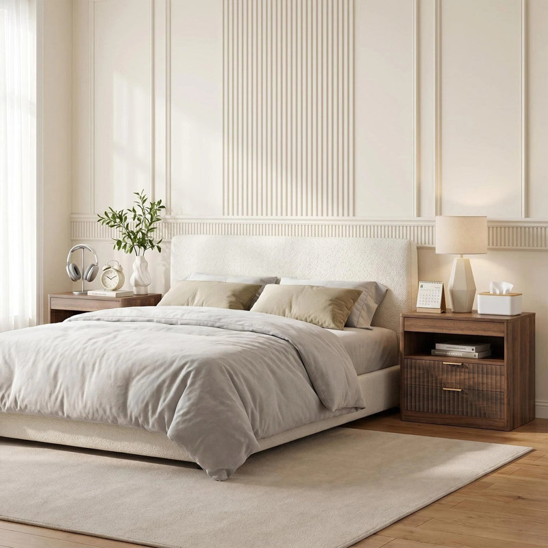 Table de chevet 27,55 po avec 2 tiroirs et tablette ouverte, table de chevet avec prises, table de bout avec 1 tablette coulissante, table de chevet avec rangement pour la chambre à coucher (noyer)