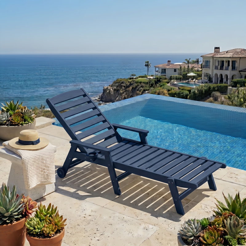 Navy Blue Rust Resistant HDPE Plastic Outdoor Patio Reclining Chaise Lounge Chair with Adjustable Back, Blue