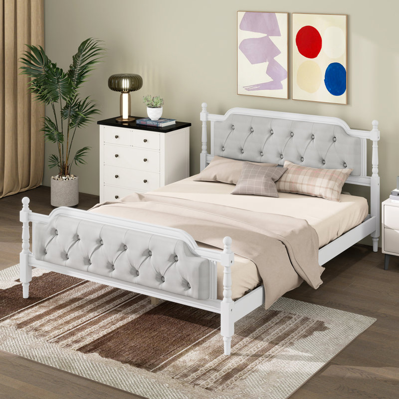 Upholstered Platform Bed with Headboard, Queen, Antique White