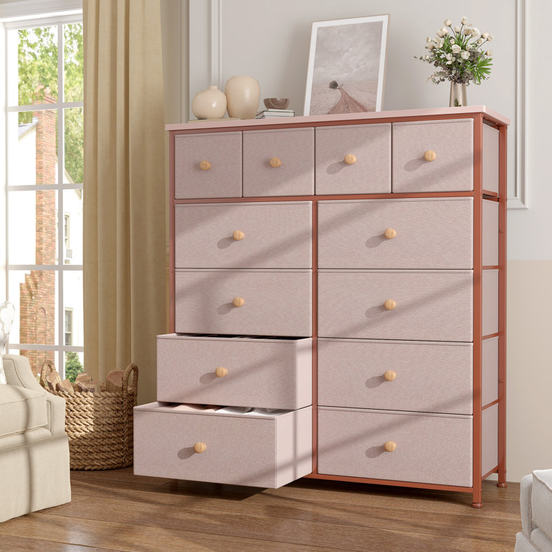 Pekka Dresser for Bedroom with 12 Spacious Storage Drawers, Dressers with Wooden Top and Metal Frame, Pink