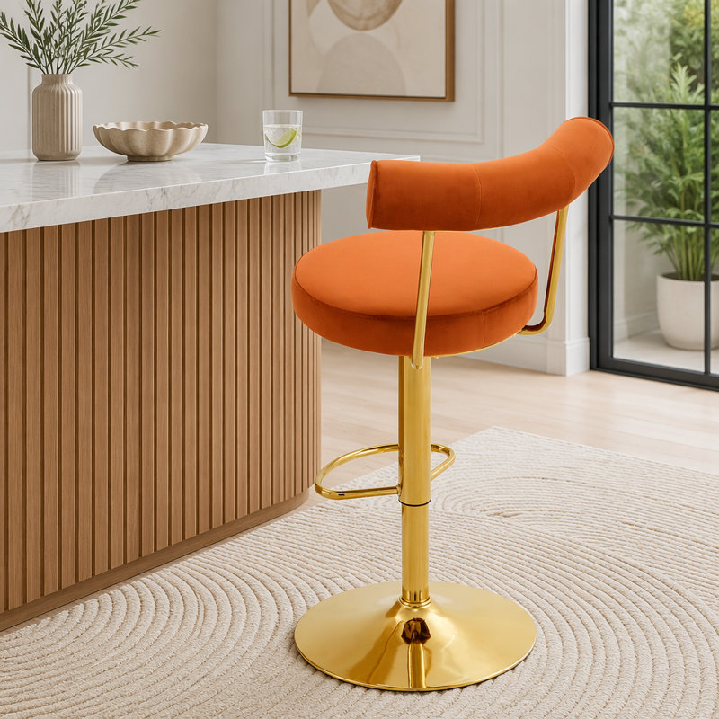 Chaise de bar pivotante rembourrée en velours doux, Orange rouillé + or