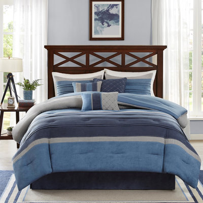 Édredon en microsuède 7 pièces - bleu marine pour très grand lit, détails plissés, très grand lit, 1 édredon, 3 taies décoratives