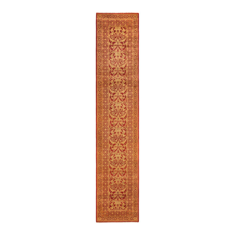 Hand-Knotted Burnt Orange Wool Floral Runner Rug