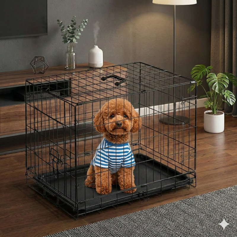 Single Door Metal Wire Pet Kennel for Medium Dogs, 24-Inch Size, Includes Plastic Leak-Proof Pan Tray, Foldable Design Suitable for Indoor, Outdoor, and Travel Use