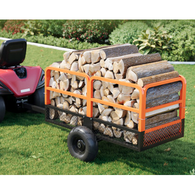 Chariot de jardinage en acier robuste - Remorque utilitaire d'une capacité de 1 600 lb - 22 pieds cubes avec côtés amovibles - Remorquage derrière pour VTT, UTV, tondeuse à gazon ou tracteur - Transporteur de cour idéal, orange + noir