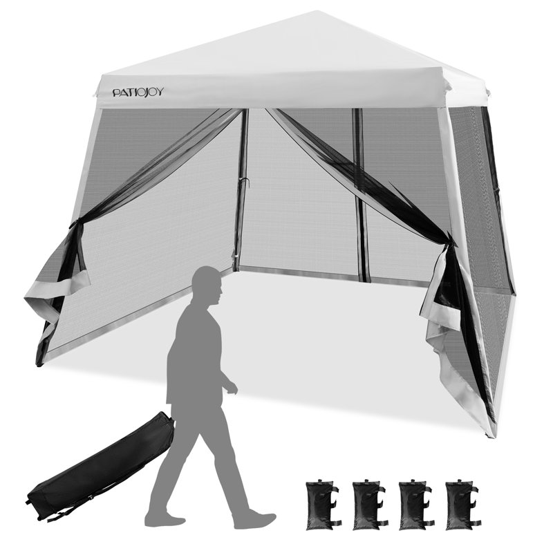 White 10 Ft x 10 Ft Metal Pop-Up Canopy with Mesh Sidewalls
