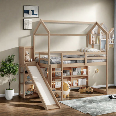 Lit mezzanine en bois avec glissade et rangement, maisonnette moderne pour enfants
