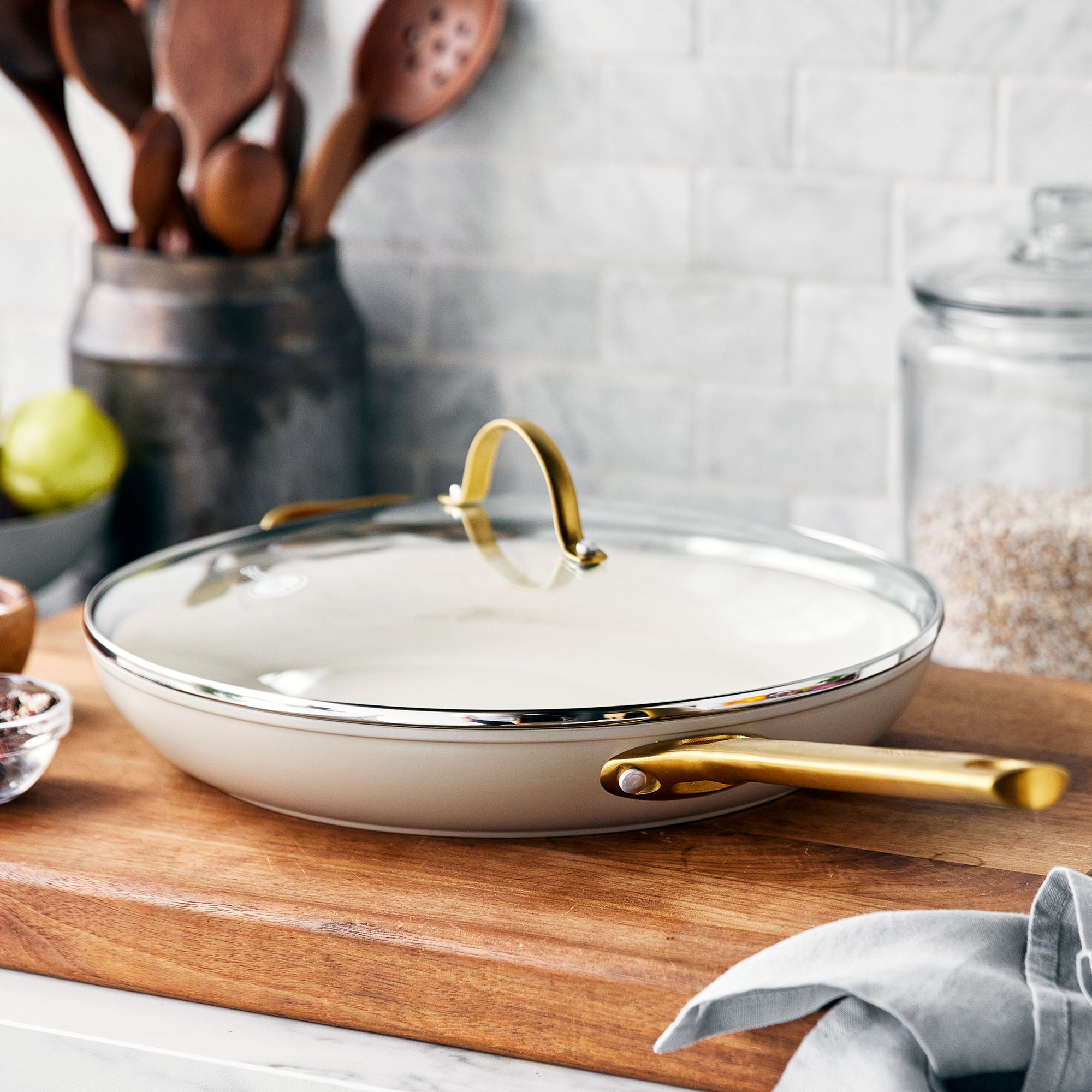 GreenPan Reserve Hard Anodized Healthy Ceramic Nonstick 12" Frying Pan Skillet, Gold Handle, Taupe/Gold