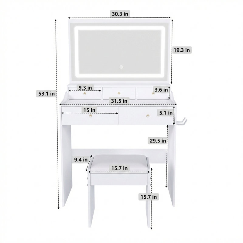 New Expansive Mirror Vanity Desk For Bedrooms, Contemporary Makeup Vanity Set Equipped With A Power Outlet And A Hairdryer Holder. Features Five Drawers And Lighting With Three Adjustable Color Options For A Bedroom Dressing Table, In White.