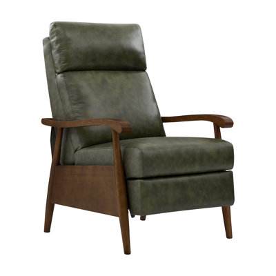 Genuine Leather Push Back Recliner Chair, Solid Wood Arm Mid Century Modern High Back Recliner, 3 Position Adjustable Manual Reclining Lounge Chair for Living Room Bedroom And Reading Nook
