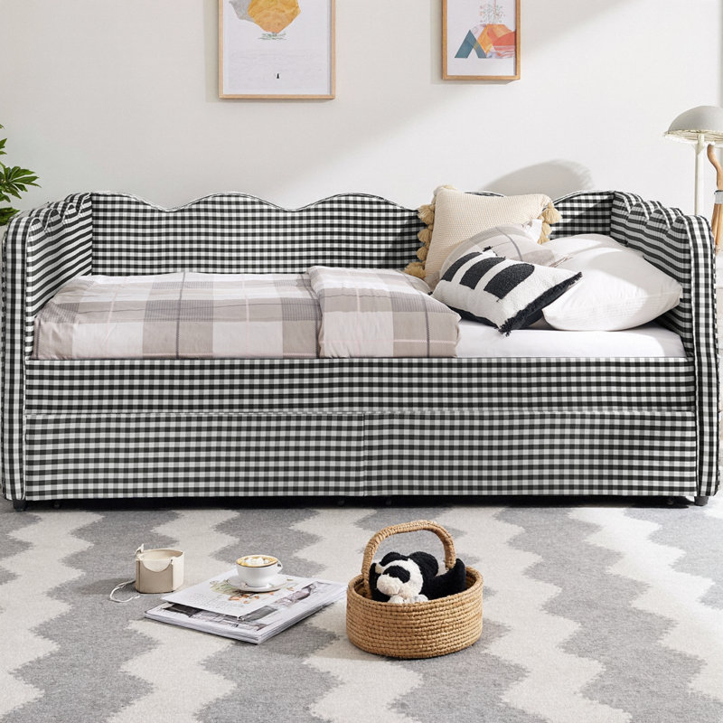 Lit de jour en vichy double avec deux tiroirs de rangement, canapé-lit en tissu de lin avec port USB et conception adorable en forme de vague, pour la chambre à coucher ou le salon
