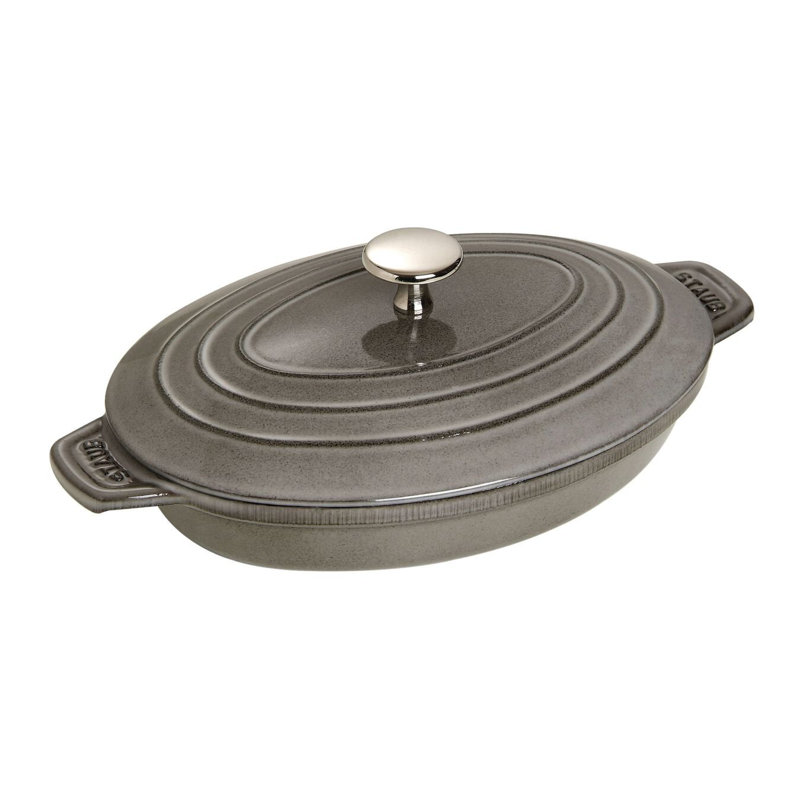Staub Cast Iron 9-inch x 6.6-inch Oval Covered Baking Dish, Graphite Gray