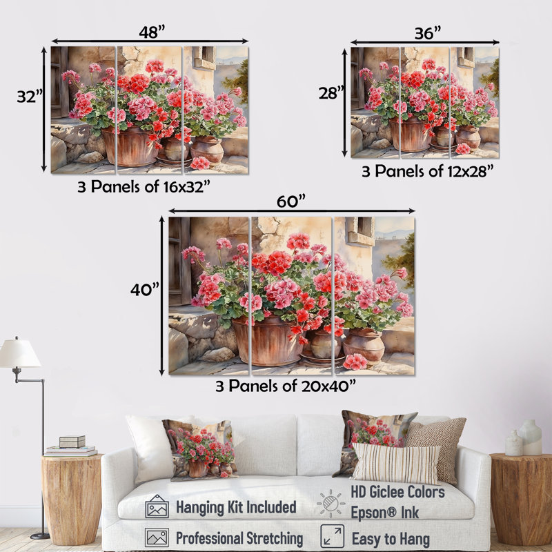 «Poteries Geraniums Sunset - Geraniums», ensemble de reproduction d'art mural, H 32 po x l 48 po x P 1 po