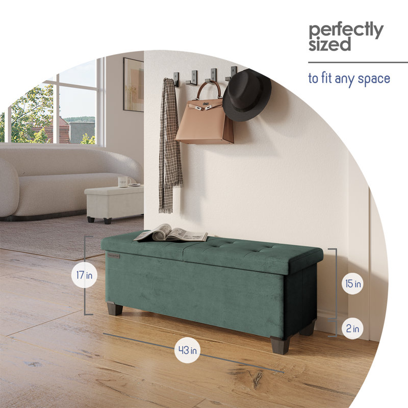 Banc repose-pieds en velours avec rangement amovible Nestl, H 15 po x l 43 po x P 15 po, Vert
