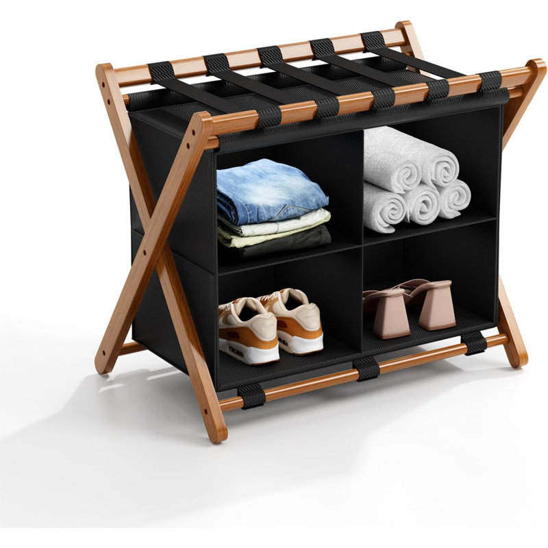 Porte-bagages en bambou avec 4 compartiments de rangement, support de valise pliable pour chambre d'amis, capacité de 150 lb, robuste, compact et facile à assembler