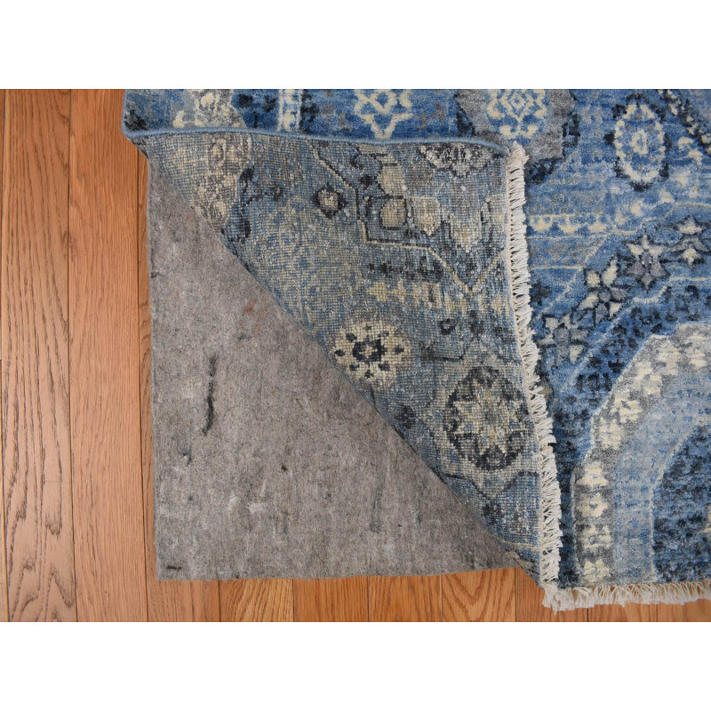 Tapis oriental bleu en soie noué à la main 9 pi 0 po x 12 pi 4 po - MOA10278147