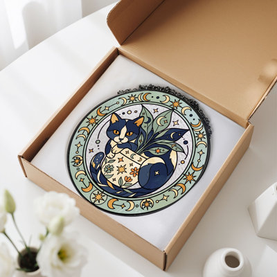 Celestial Cat Stained Glass Window Panel，7.8H