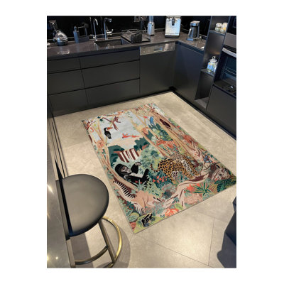 Wild Jungle Themed Gorilla and Leopard Patterned Vintage Decorative Rug