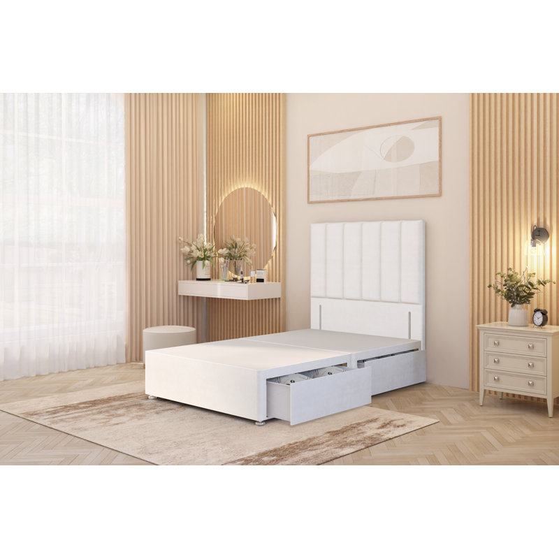 Asterin Divan Bed Base with 54" Floor Standing Headboard Plush Velvet, Double (4'6), White, 2 Drawers