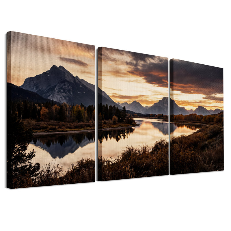 «Mountain River Reflection at Golden Sunset», ensemble de 3 toiles murales, H 24 po x l 16 po x 3 pièces