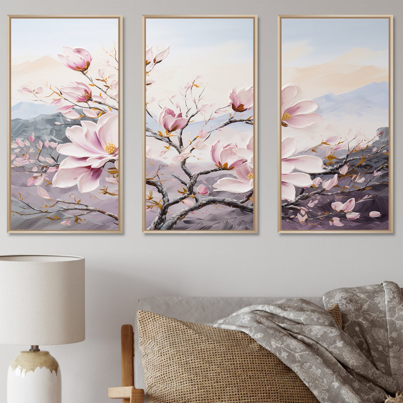 «Magnolias roses et fleurs II», ensemble d'art mural, Cadre naturel flottant, H 32 po x l 48 po x P 1 po