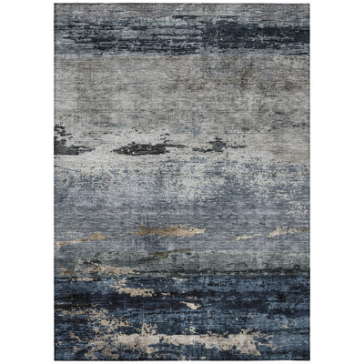 5' X 8' Navy Blue Gray And Black Abstract Washable Indoor Outdoor Area Rug