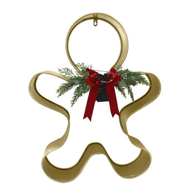 Fraser Hill Farm 26-in. Pre-Lit LED Gold Metal Gingerbread Person with Bow and Hanging Loop