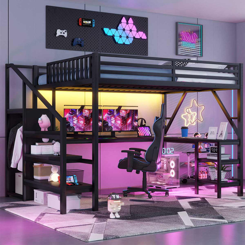 Queen Size Loft Bed With L Shaped Desk, LED Light And USB For Kids Teens Adults