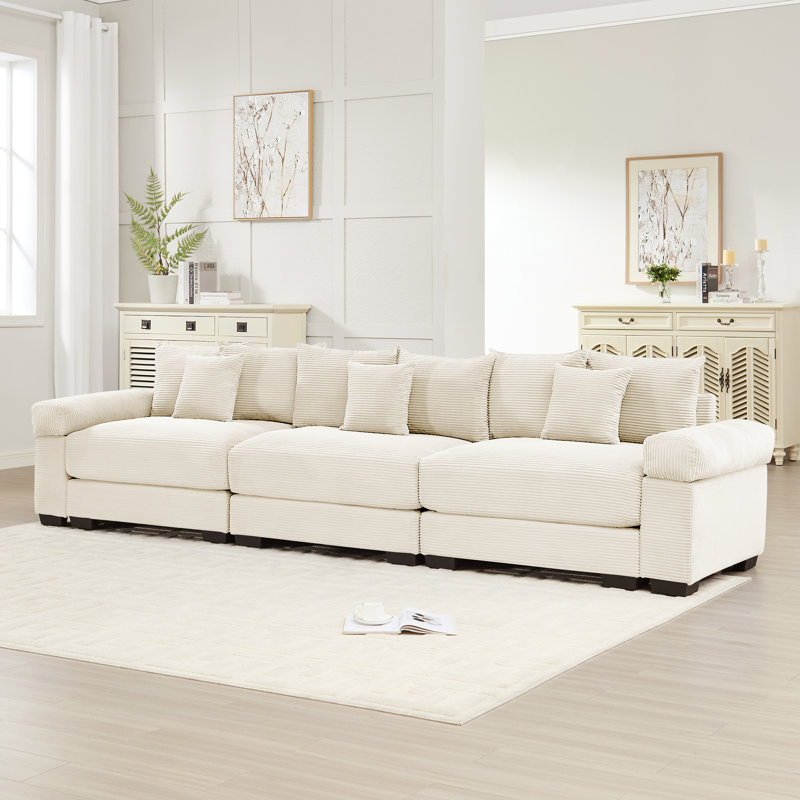Mykala Corduroy Upholstered Sectional Sofa with Thick Armrests & Throw Pillows, Beige, 34.2'' H X 129.9'' W X 33.8'' D