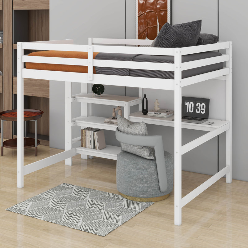 Lit mezzanine simple en bois avec tablettes, bureau et tableau d'écriture, Blanc