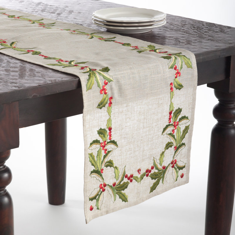 Railsback Emroidered Holly Table Runner, 54" x 16"