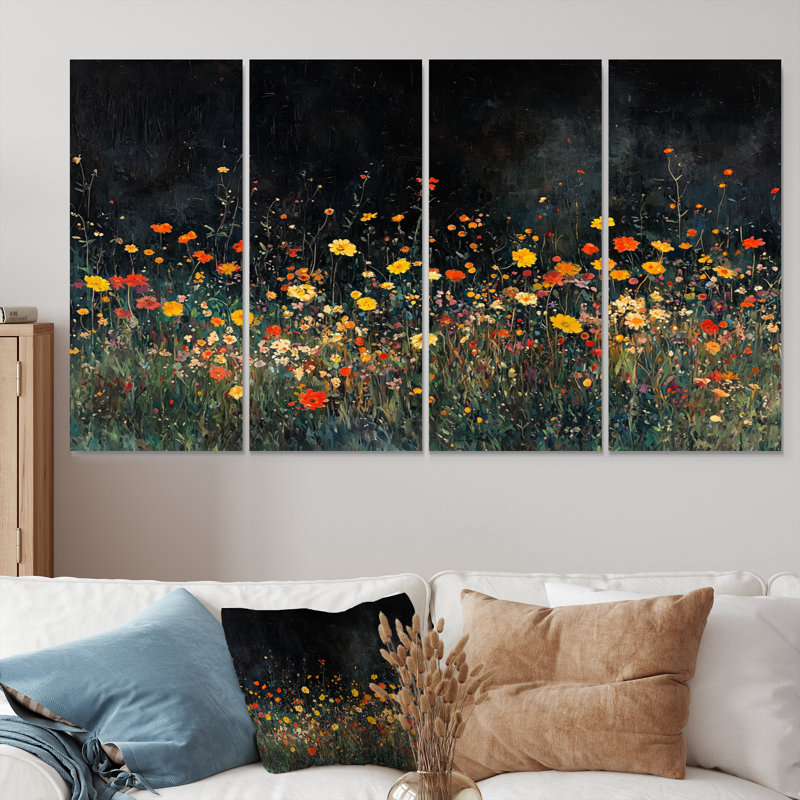 Fleurs jaunes jaunes en pleine nuit prairie I - Art mural fleurs sauvages - ensemble de 4 décorations murales traditionnelles