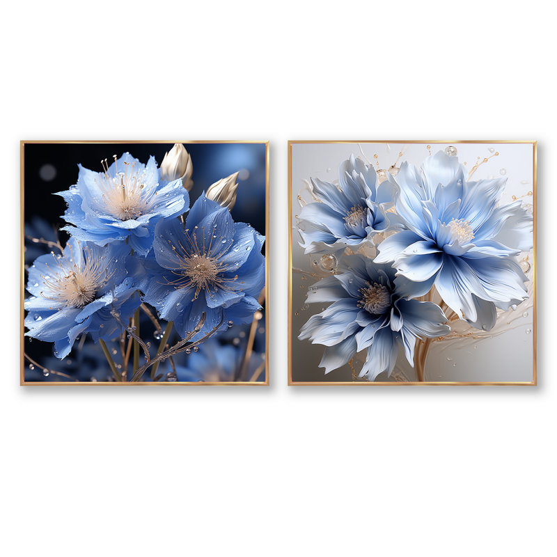 Dreamy Blue Cornflowers Emotion - ensemble de 2 carrés de fleurs, H 16 po x l 33 po, Cadre flottant doré