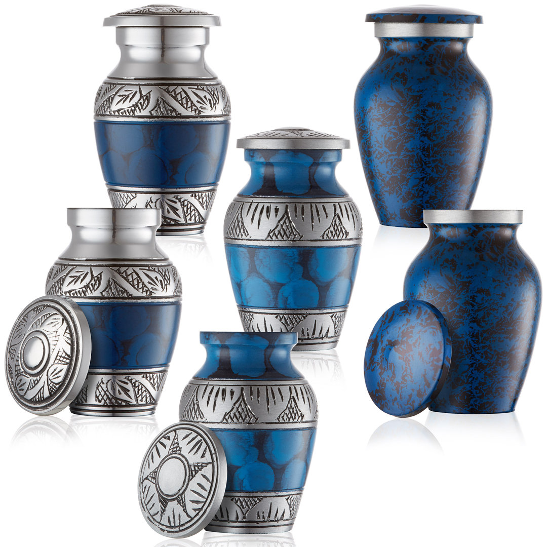 6-Piece Decorative Miniature Keepsake Memorial Urns, Blue and Silver Reminded