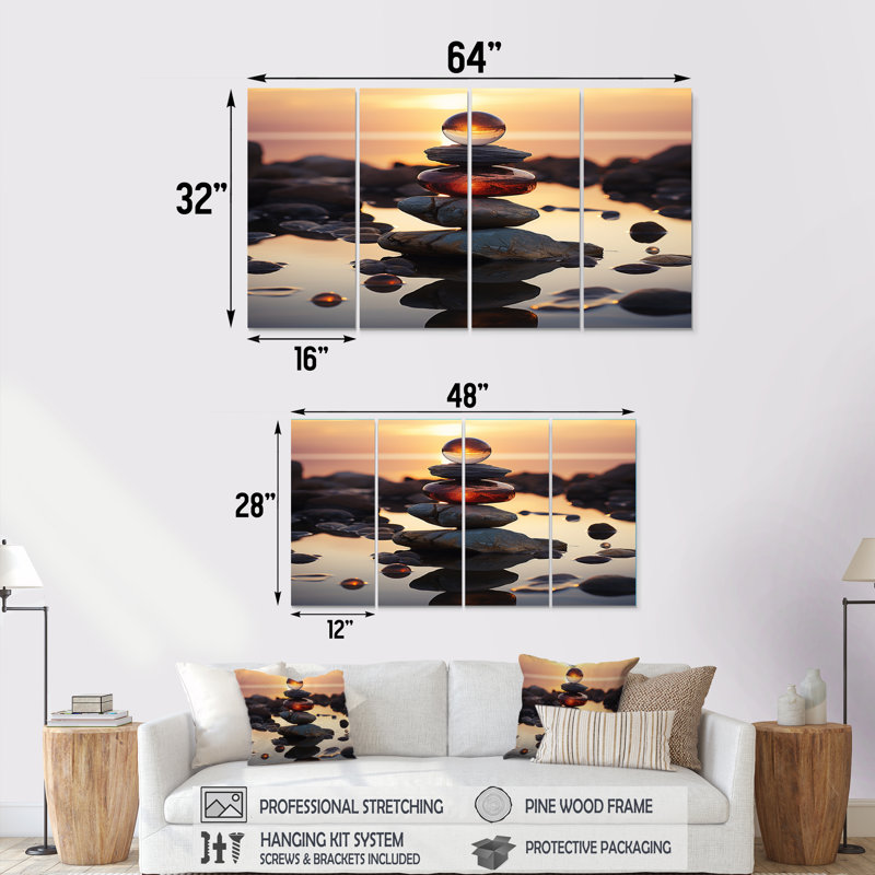 Sunset River Rock Zen Canvas Wall Art Set