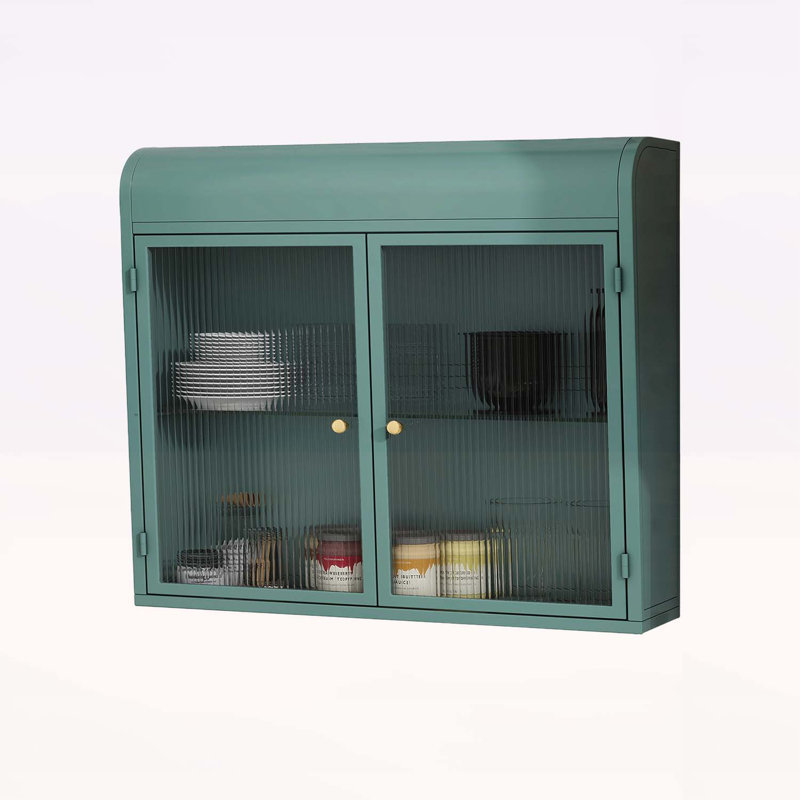 Armoire murale polyvalente en métal avec portes et tablettes en verre trempé pour diverses pièces, Vert d’armée