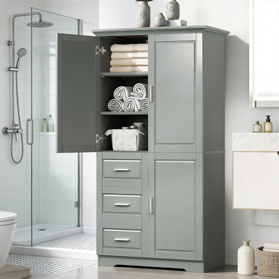 Tall And Wide Storage Cabinet With Doors For Bathroom Office, Three Drawers