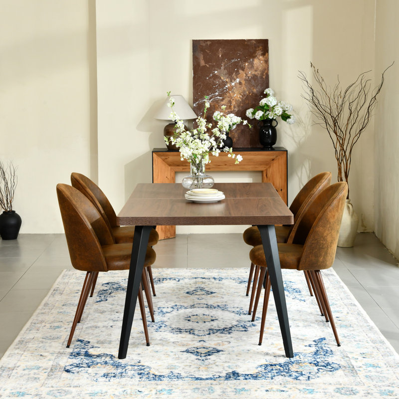 Hozel 5-Piece 63" Rectangular Dining Table Set with Upholstered Chairs and Metal Frame, Brown, Brown