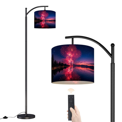  Arc Floor Lamp Vibrant Fireworks Display Tranquil Lake Twilight Tall Modern Standing Lamp LED Adjustable Linen Lampshade 3 Color Temperatures